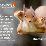 Red Squirrel flying through the air with caption: "Let creative and ambitious SMEs have support that's tailored to their own distinctive strengths." Professor Donald MacLean